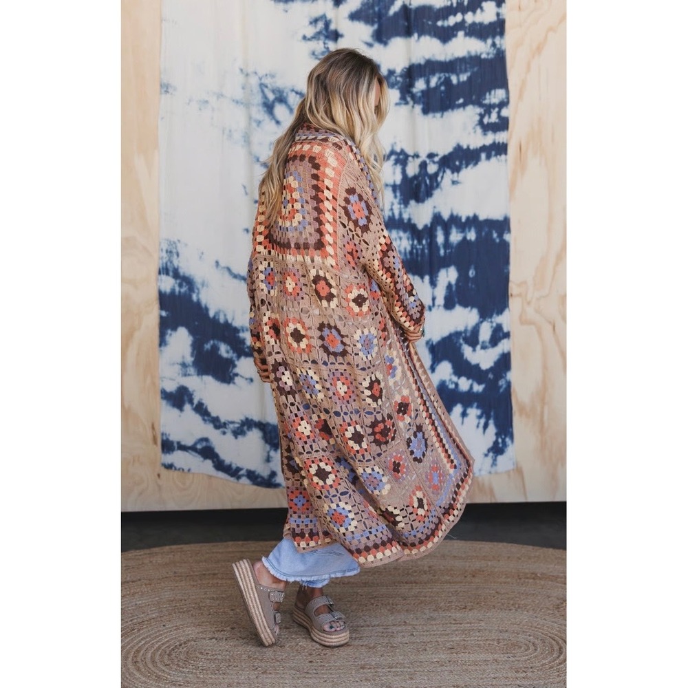 Three Bird Nest Crochet Granny Square Duster Cardigan L/XL Multi Boho New - Picture 9 of 11